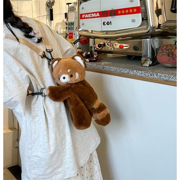 Large Red Panda Shoulder Bag - Ultra-Soft Plush Backpack with Zipper Storage - Picture 6 of 7